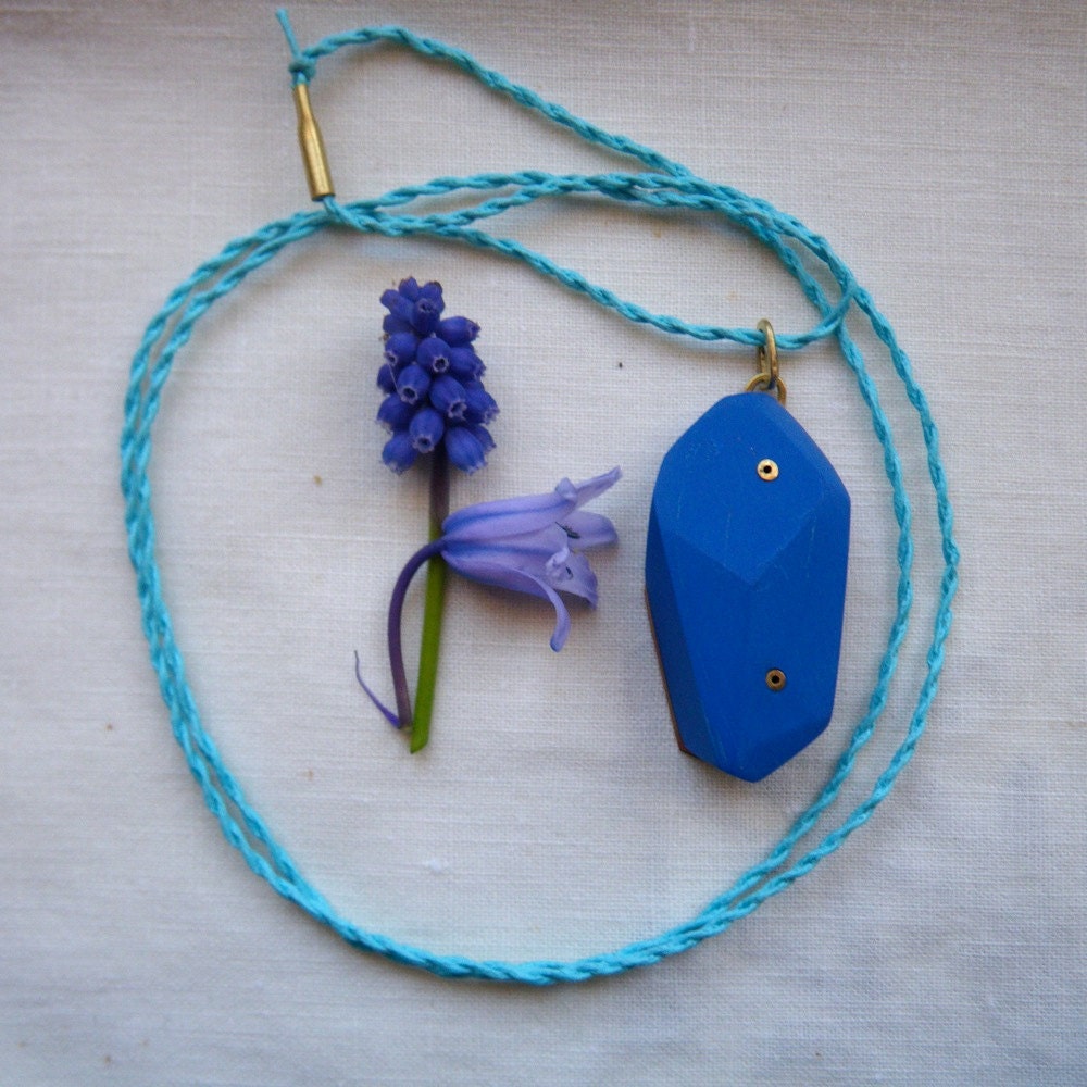 Bluebell and Grape Hyacinth faceted pendant on a french blue cord by Hybrid Handmade, Cari-Jane Hakes
