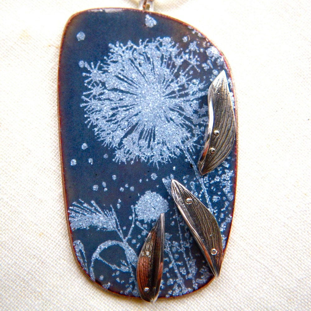 Spring Field, allium, silver and slate blue enamel necklace by Cari-Jane Hakes, hybrid handmade