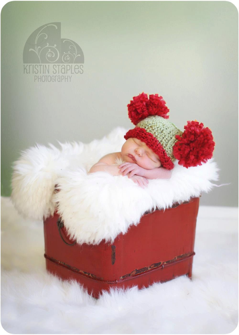 Little Square Knit Pom Pom Baby Hat in Christmas Colors
