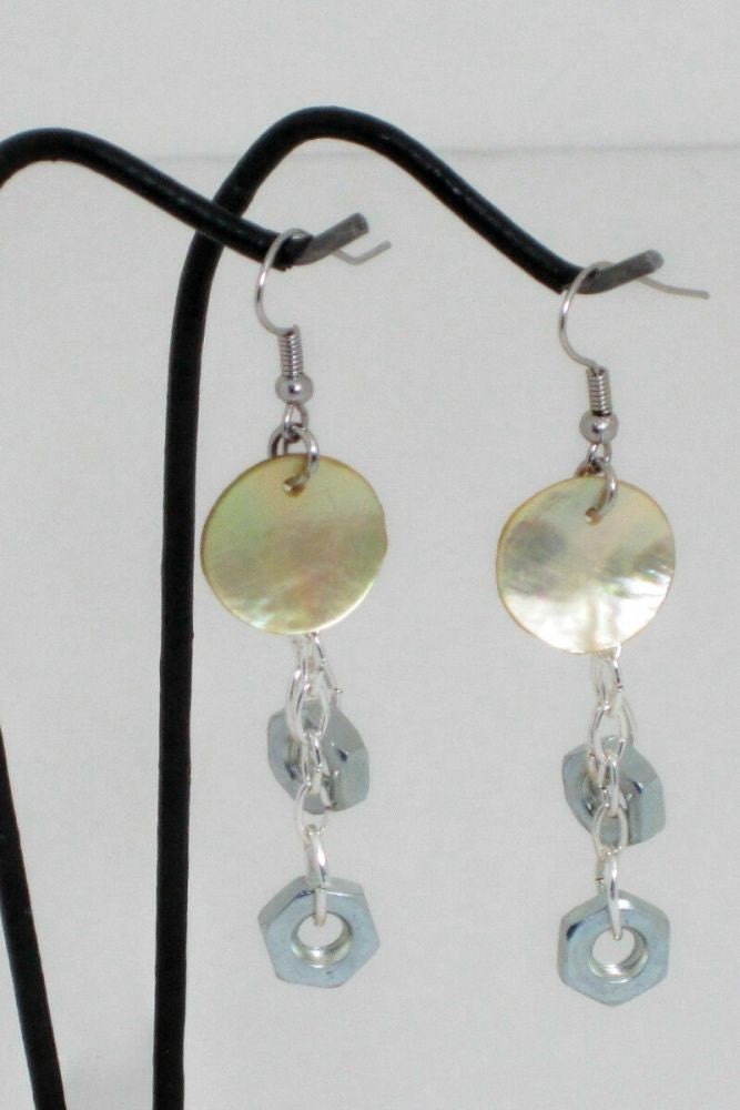 Gold Industrial Mother of Pearl Earrings By HardwareHoney Jewelry