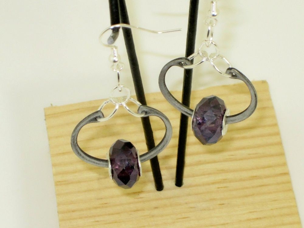 Industrial Retaining Ring Earrings with Purple Glass Beads Handmade By HardwareHoney Jewelry