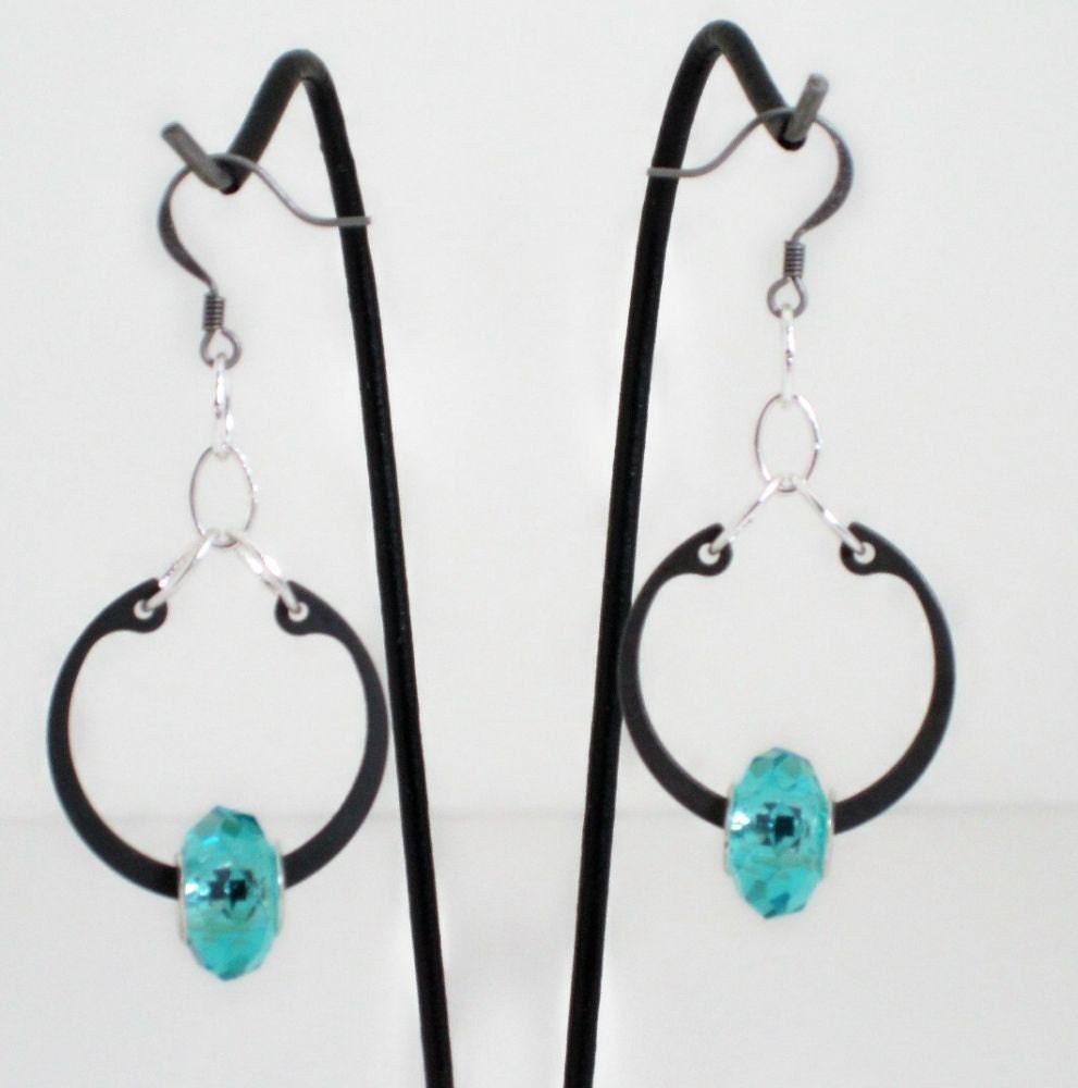 Industrial Retaining Ring Earrings with Blue Glass Beads By HardwareHoney Jewelry