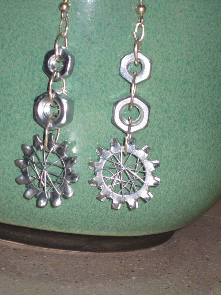 Industrial Spider Web and Hex Nut Earrings Handmade by HardwareHoney Jewelry