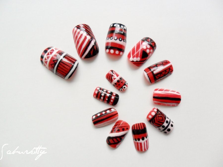 Aztec Tribal Nail Art Oscar de la Renta Inspired Design art nails red black white acrylic designs hand painted with Glue