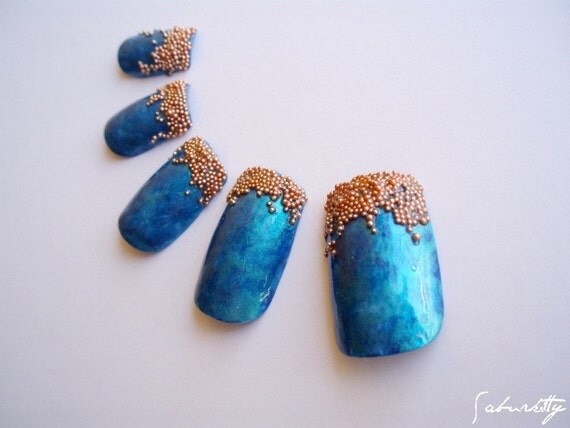 Southwestern Nail Art Hammered Metal Finish ( turquoise, blue, copper, fingernail art, 3D nails, artificial, tribal design)