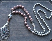 Lavender and Silver Pearl Crystal Vintage Pendant Rosary Necklace