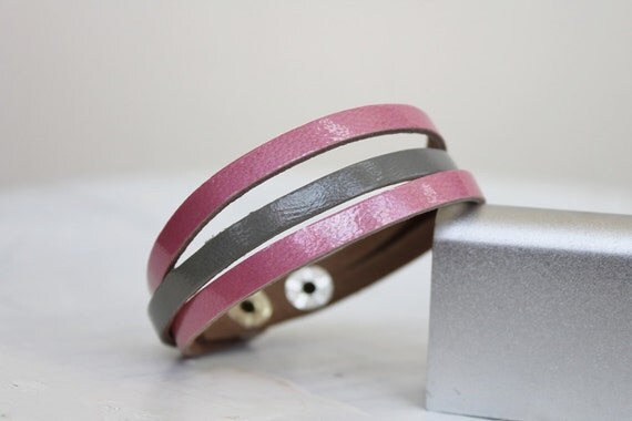Pink and  Grey Leather  Bracelet