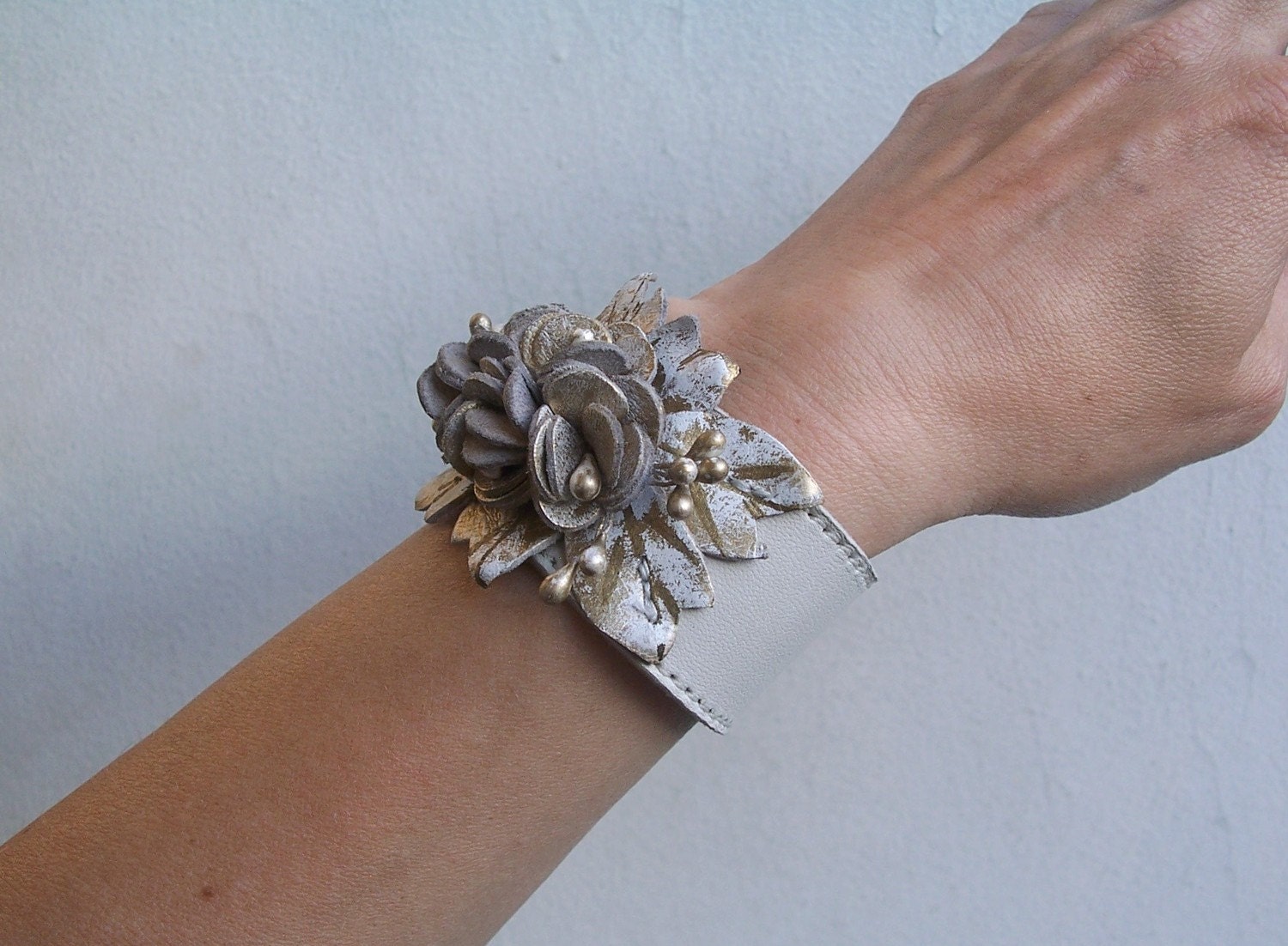Cream Leather Cuff Bracelet White With Gold Leather Flowers