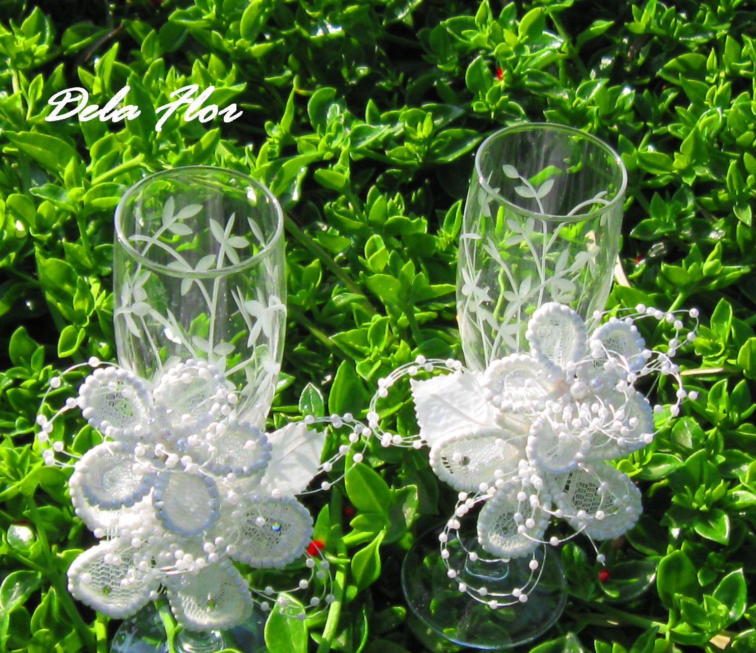 Dela Flor Tuscan Garden Floral Wedding Flutes - vintage, bride groom, ooak , beads, wedding, prom, 15 anos, Team Rockabilly Gone Glam