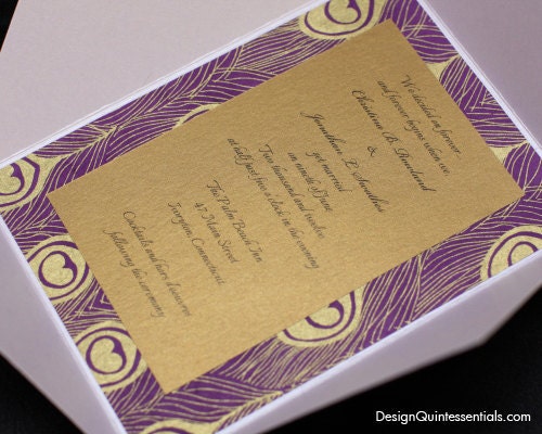 Royal Metallic Pochette Save the Date w. Peacock Feather Theme