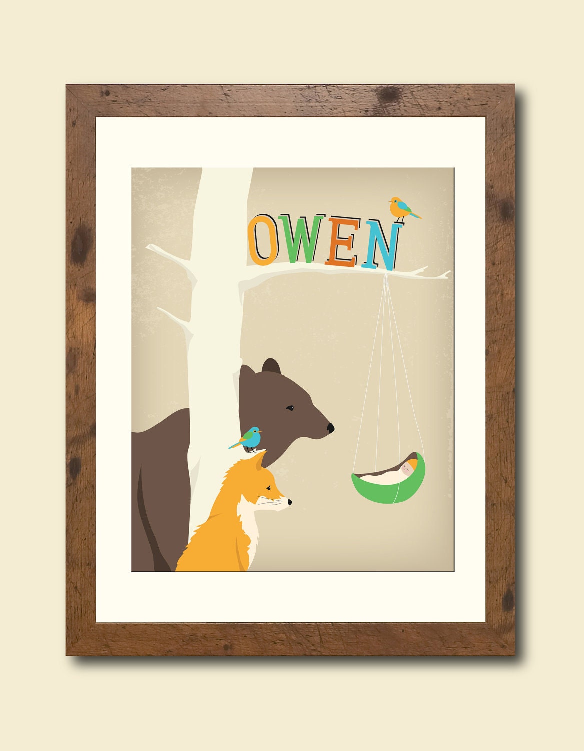 8 X 10 Personalized woodland nursery art features a bear, fox, and bird and newborn baby below the child's name