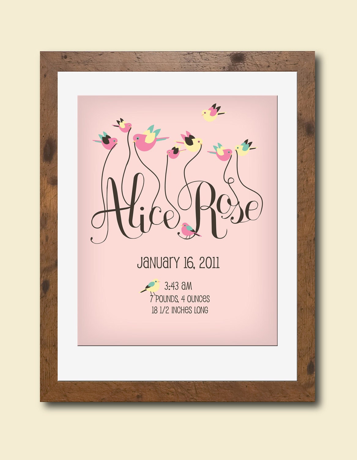 Personalized nursery art print featuring your baby's name and birth stats