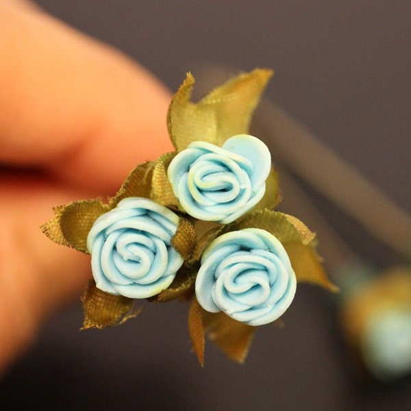 Something Blue Rose, Bridesmaid Hair Accessories, Bridal Hair Flower - Clay Flower, Brass Bobby Pin - Set of 3