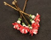 Majestic Rose, Bridal Hair Flower, Wedding Hair Accessories, Bridesmaid Flower Hair Clip, Pink Flower with Pearl Brass Hairpin - Set of 5
