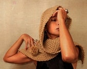 Les Feuilles Mortes / Hand Knit Warm Hoodie Hood / Camel Hooded Scarf / Winter Accessories