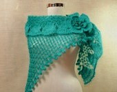 Turquoise Dreams / Crochet Shawl Wrap Neck Warmer Silver Teal Ruffle Shawl Scarf Neck Wrap - Flower Brooch with Turquoise Bead