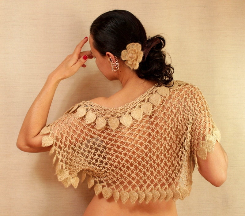 Land of Dreams / Crochet Shrug with Flower Brooch Caramel-Gold Short Sleeve Bolero Jacket Cardigan Wedding Bridal Shrug Bolero S M L