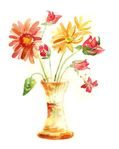 Flower Painting, Whimsical Decor,  flower watercolor painting, floral art print, butterfly,  Home Decor in red, yellow, green