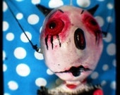 Carnival Art devil Doll TTV Photo. You Little Love Devil. Original 5x5 whimsical print. turkey eyes, black horns, red white blue polka dots, clown pointy nose, childrens wierd room decor