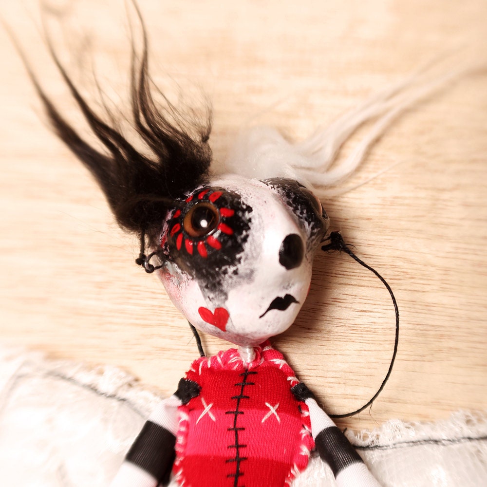 Carnival Angel Doll sad strange face frown stripe leggings white wings plush art doll Circus Punk Marionette Puppet Red Heart Tattoo