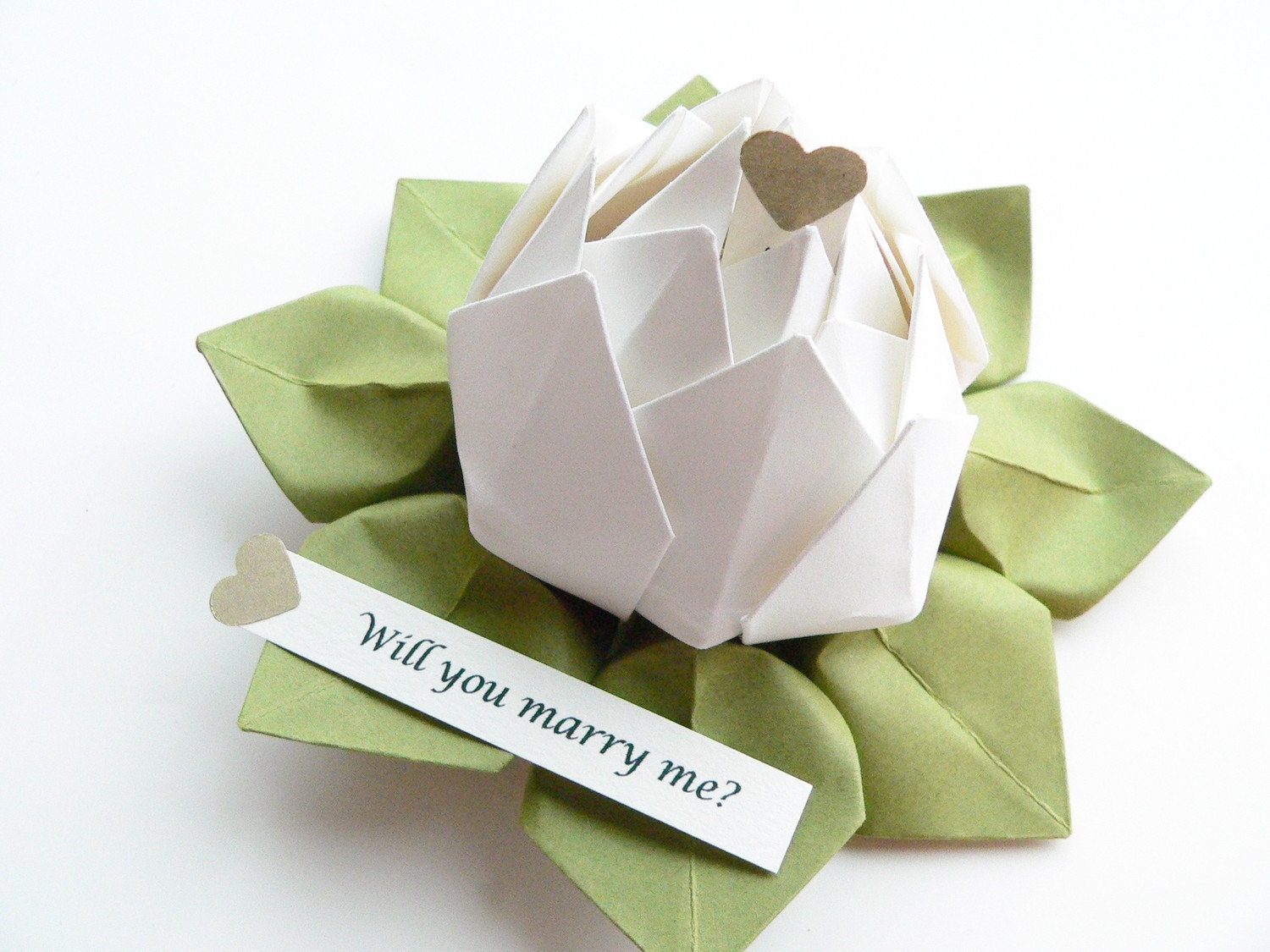 PERSONALIZED Message Origami Lotus Flower - White and Moss Green - gift box - proposal, 1st anniversary, baptism, christening, confirmation