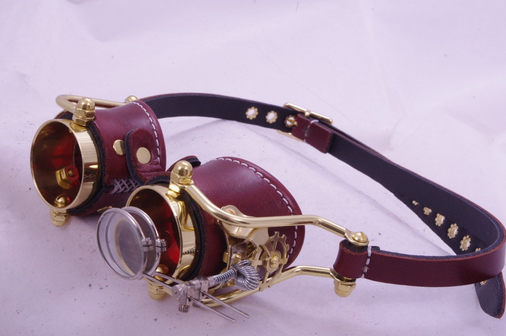 Steampunk Goggles Victorian Theatrical Goth Industrial Brass LARP BROWN RED Lenses  - Exclusively from Steampunkdesign