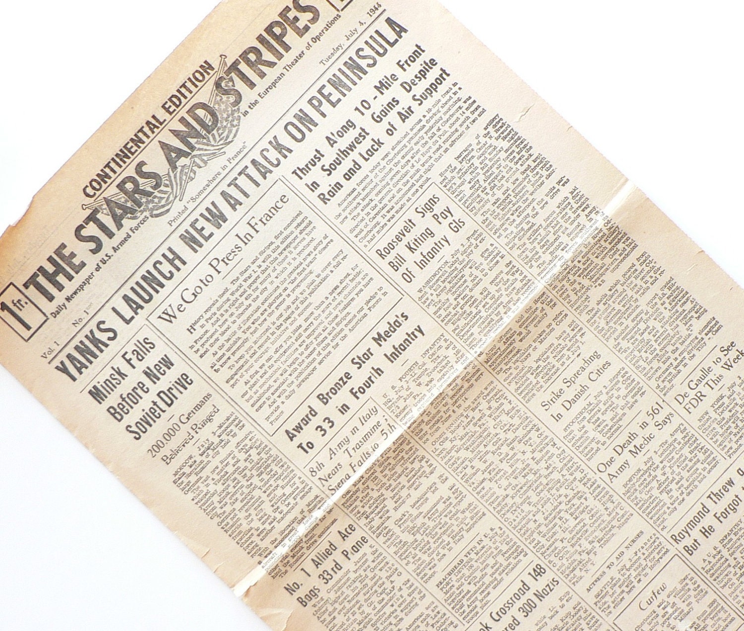 Vintage Stars and Stripes WWII Newspaper First Continental Edition July 4 1944