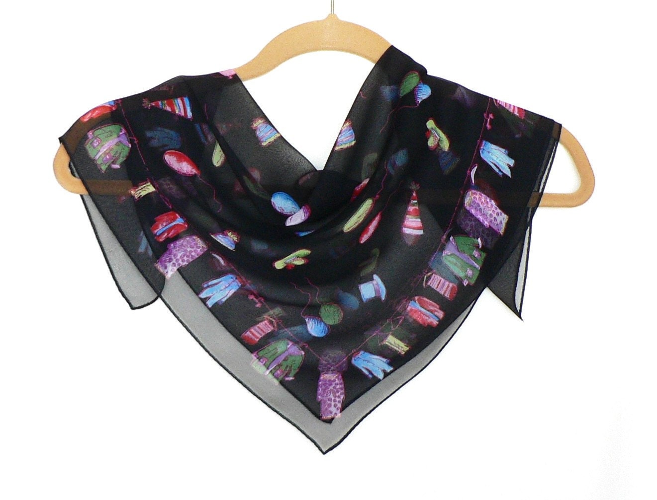 Vintage Black Silk Chiffon Scarf Decorated with Party Hats and Balloons