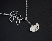 SALE --- Bird necklace, bird and branch necklace - STERLING SILVER, leaf necklace, bird jewelry, birthday gifts, silver bird charm necklace