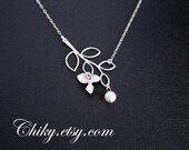 Leaf branch and orchid necklace with single pearl - STERLING SILVER, wedding bridal jewelry, brides bridesmaid gift, flower girl necklace