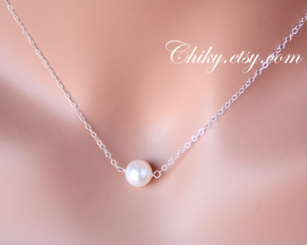 Single Pearl Necklace - STERLING SILVER chain, elegant simple modern, wedding jewelry, bridal jewelry, bridesmaids gift
