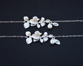 2Triple orchid bracelet with pearl and leaf - STERLING SILVER, wedding bridal jewelry, brides bridesmaid gift, flower girl bracelet