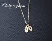 Initial necklace, 2 initial leaf necklace, personalize jewelry, GOLD FILLED, simple dainty leaf charm necklace, personalize necklace