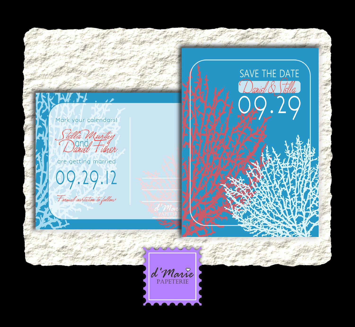 50 printed Custom Save the Date Postcards- Coral