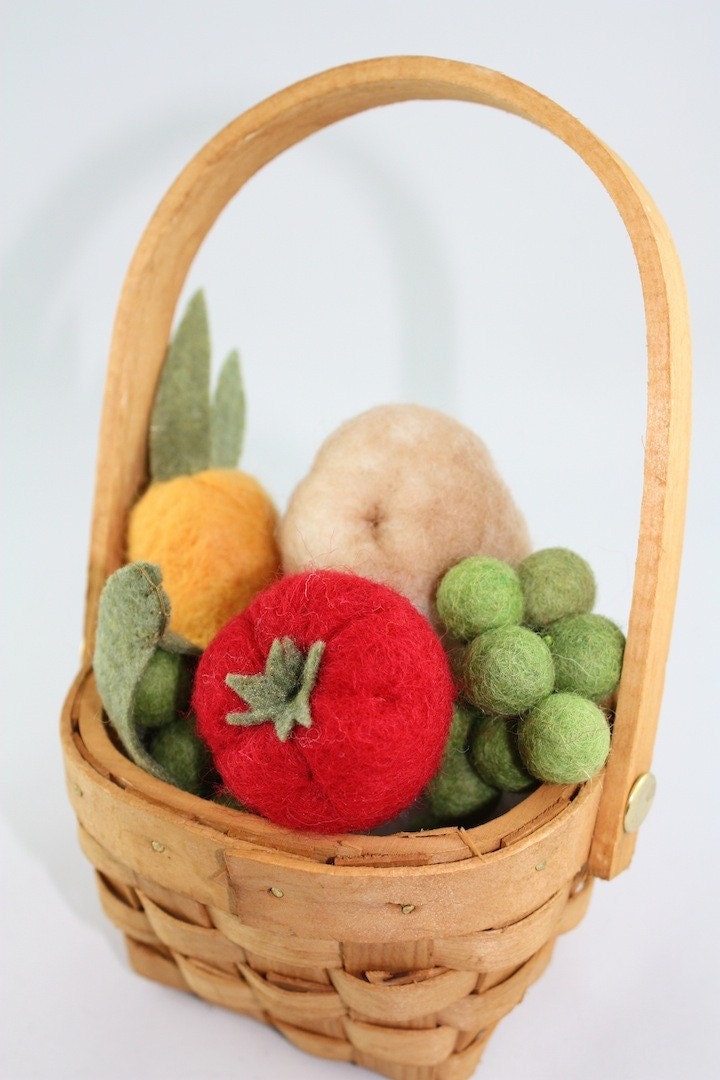 felted wool vegetables with wood basket  Eco Friendly hand made toy or Eco Friendly decoration