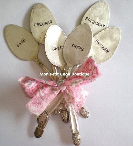 Spoon Garden Markers - ITALIAN HERB - 6 PC Set - Shabby Chic, Cottage, Herb Garden, Vintage Spoons Thyme Basil Rosemary Sage Oregano Parsley