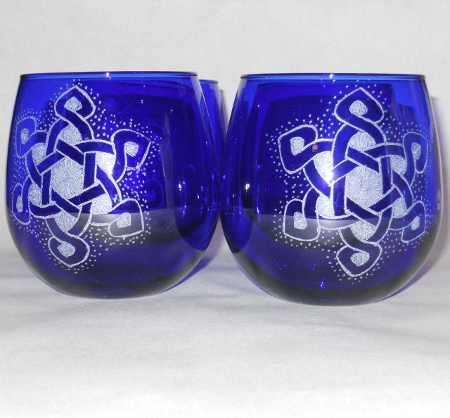 4 Celtic Cobalt Blue Stemless Glasses