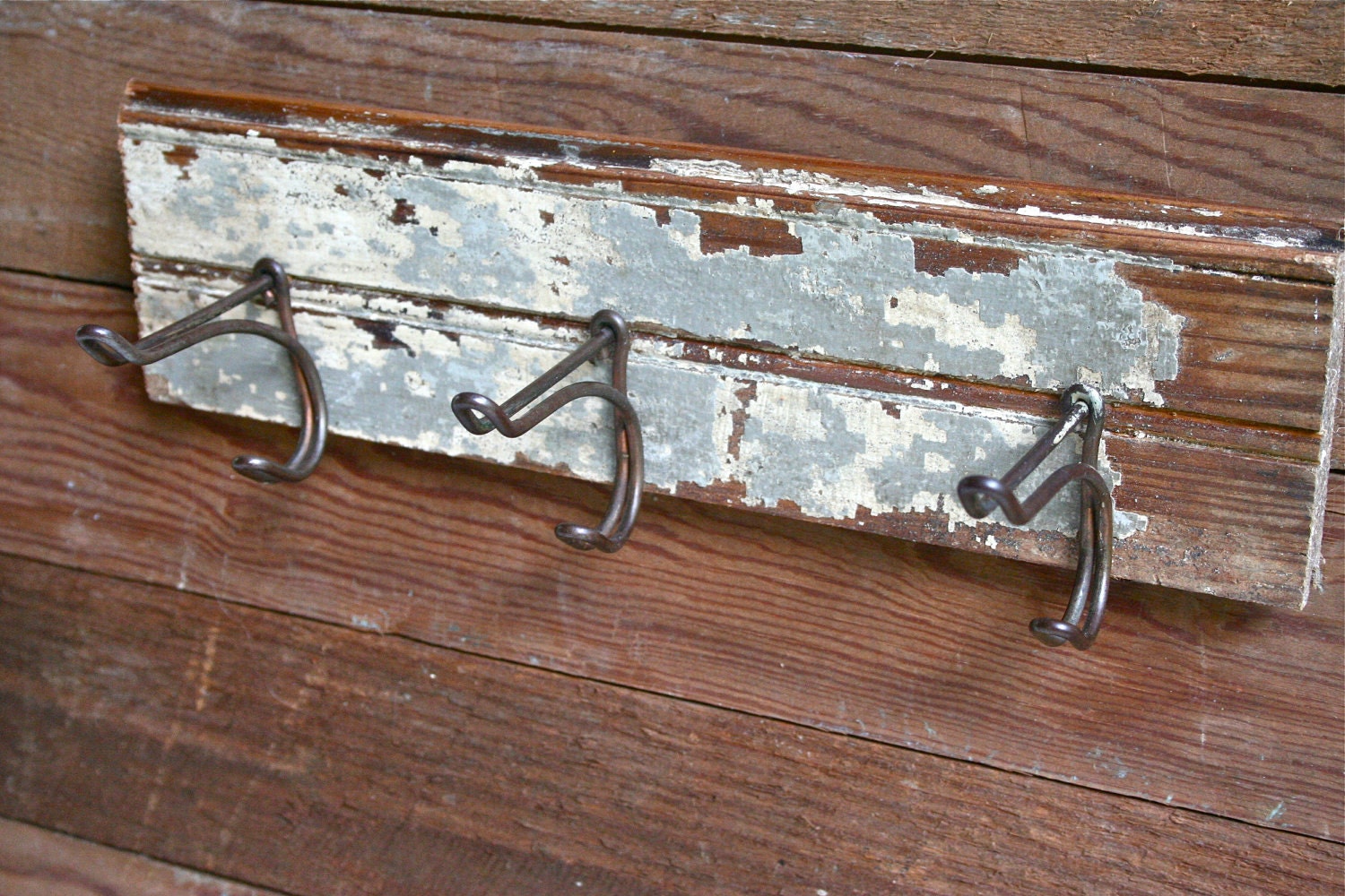 Shabby Chic Wall Hanger - Blue Chippy Wood with Three Vintage Hooks - Upcycled Decor