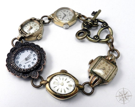 Steampunk Bracelet Vintage Wrist Watch WORKING Watch Bracelet Heirloom Collection Gold and Bronze Filigree handmade by Compass Rose Design