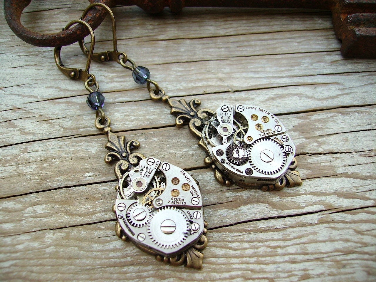 Steampunk Earrings Vintage Clockwork Smokey Blue Swarovski Crystal Accent