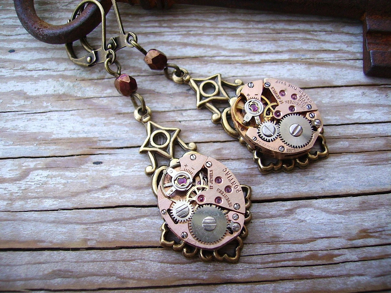 Steampunk Earrings Clockwork Crystal Upcycled Watch Movement - Copper and Brass