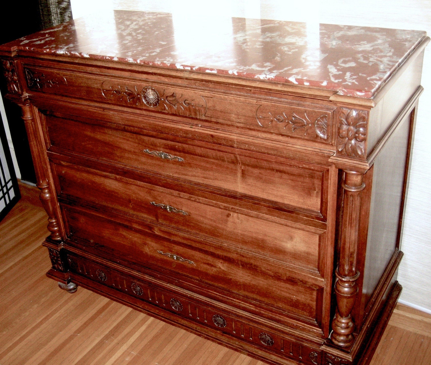 1880s FRENCH ANTIQUE LOUIS XVI EUROPEAN WALNUT CHEST OF DRAWERS