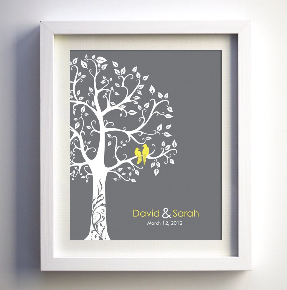 Wedding Anniversary Gift Personalized Wedding Gift - 1st Paper Anniversary Gift - Love birds in the tree, wedding tree 11x14