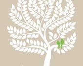 Wedding Guest Book Alternative - Silhouette Style Tree Guestbook Poster with love birds, beige chartreuse green 16x20 for 150 guests