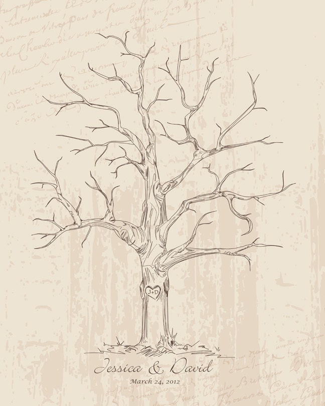Hand drawn Wedding Guest book Fingerprint Tree, Guest book alternative, Hand drawn sketched wedding tree for 100-200 guests