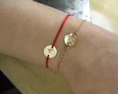 Gold Charm Thread Disk Bracelet Stamped Friendship Bracelet Personalized in English Hebrew Kabbalah Red String 14k Gold Filled Jewelry