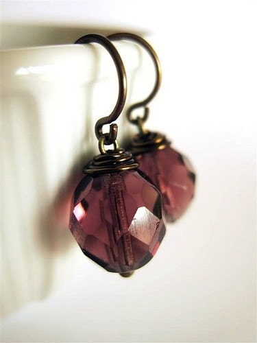 Luminous Fire Polished Earrings on Vintage Style Brass- Amethyst