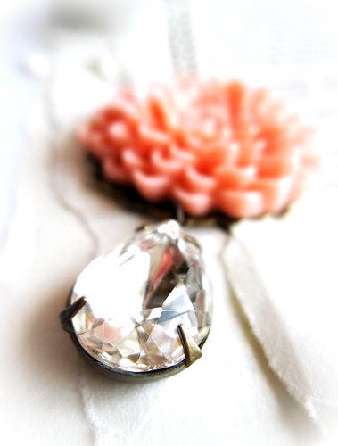 Pink Dahlia Necklace with Vintage Crystal
