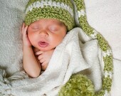 Crocheted Striped Elf Hat in Apple Green and Cream, Beautiful Photography Prop
