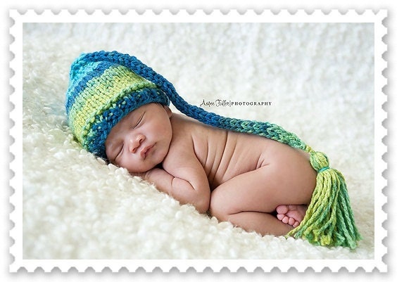 Newborn Baby Elf Hat in Shades of Green and Blue - Photography Prop